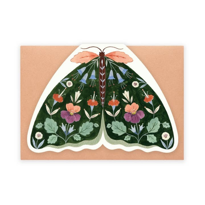 Floral Moth Shaped Card - Forest Green