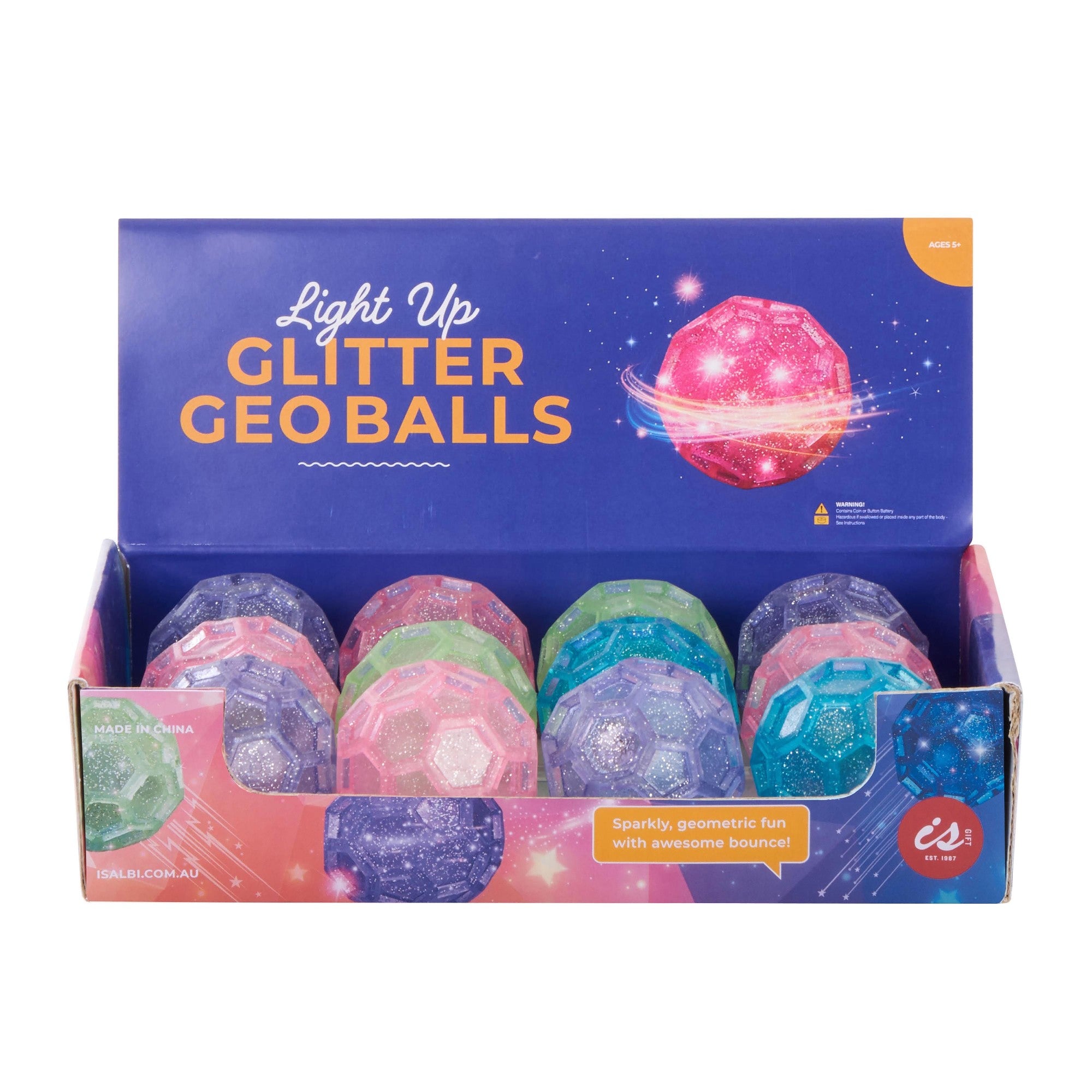 Discovery Zone Light Up Glitter Geo Ball Cdu 12pcs/4 Assorted 6.5cm