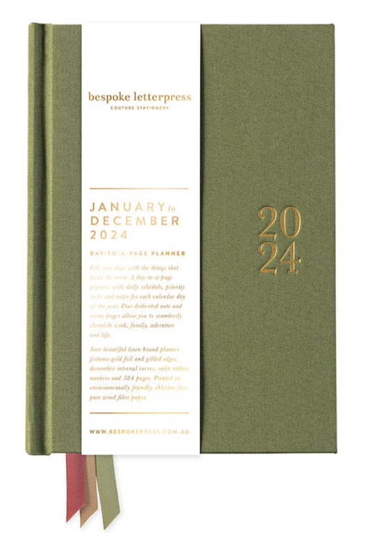 2024 DAY TO A PAGE LINEN BOUND PLANNER - MOSS GREEN