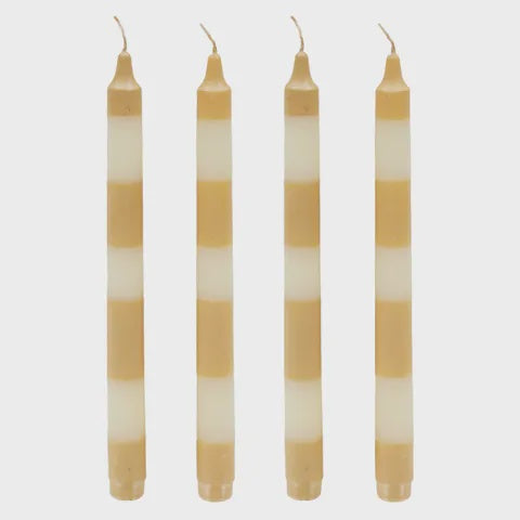 STRIPED S/4 DINNER CANDLE 25cm WHITE/MUSTARD